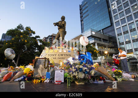 San Diego, CA, USA. Il 18 giugno, 2014. Fiori e omaggi a circondare una statua a Petco Park di ex San Diego Padres giocatore Tony Gwynn, morto di cancro in precedenza durante la settimana. Gwynn portava il numero 19 e ha giocato per la Padres per 20 stagioni. Credito: KC Alfred/ZUMAPRESS.com/Alamy Live News Foto Stock