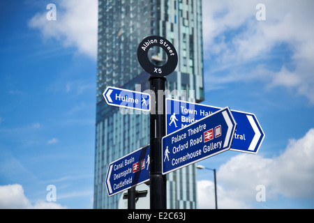 Multi-Directional cartello turistico strada segno per diverse destinazioni, in Albion Street, con Hilton Hotel, Manchester, Regno Unito Foto Stock