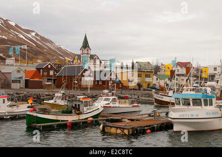 L'Islanda, Nordurland Eystra regione, Skjalfandi Bay, Husavik, porto di pesca Foto Stock