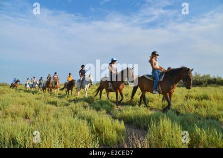 Francia, Herault, Serignan, Domaine des Orpellieres, passeggiata equestre nel mezzo di un salt marshes area, cavalier in unico file su un sentiero sabbioso Foto Stock