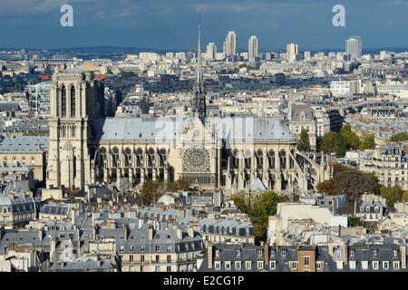 Francia, Parigi, Ile de la Cite, la cattedrale di Notre Dame, l'abside e la guglia domina le statue di rame verde dei dodici apostoli con i simboli dei quattro evangelisti Foto Stock