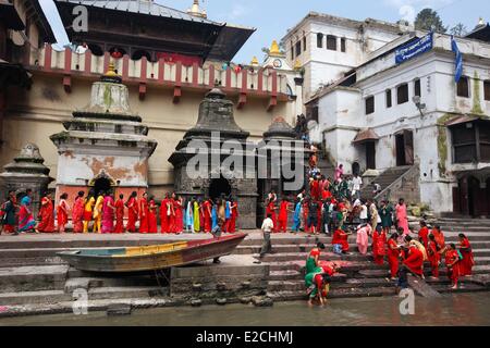 Il Nepal, Valle di Kathmandu, classificato come patrimonio mondiale dall UNESCO, Kathmandu, il tempio di Pashupatinath, Teej Festival le donne Indù giorno Foto Stock