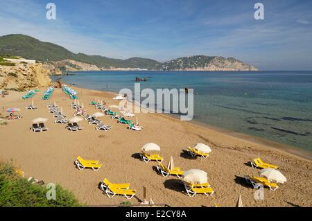 Spagna Isole Baleari Ibiza Figueral grigio giallo o verde lettini e ombrelloni installato sulla spiaggia Foto Stock