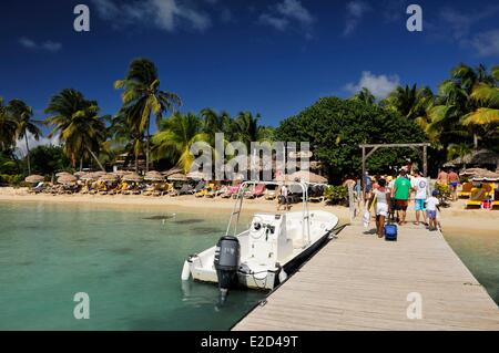 Francia Guadalupa Saint Martin Cul de Sac Pinel Island turisti sul pontile che conduce alla spiaggia esotica Foto Stock