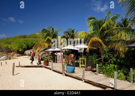 Francia Guadalupa Saint Martin Cul de Sac Pinel Island passerella in legno di accesso al bar sulla spiaggia Foto Stock