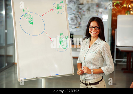 Imprenditrice sorridente in piedi accanto al flip board in ufficio Foto Stock