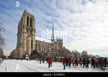 Francia Paris Ile de la Cite turisti davanti alla Cattedrale di Notre Dame nella neve Foto Stock