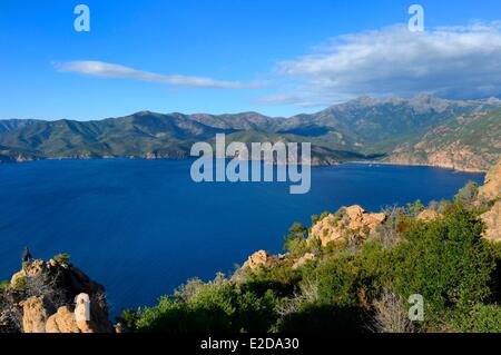 Francia, Corse du Sud, Golfe de Porto, classificato come patrimonio mondiale dall UNESCO, le insenature di Piana (Calanches de Piana) con le rocce di granito rosa Foto Stock