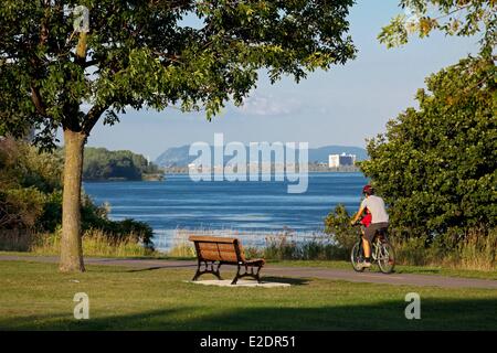 Canada Quebec Montreal provincia Verdun distretto la pista ciclabile lungo il fiume San Lorenzo uomo e bambino in bici Foto Stock