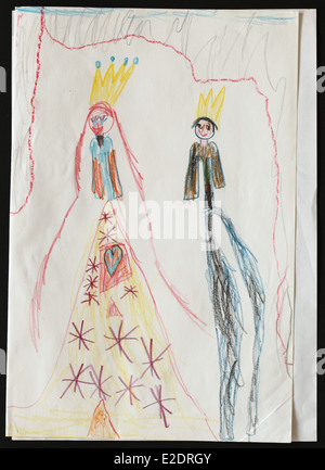 Bambino originale del disegno di un re e regina disegnato da una bambina di cinque anni. Foto Stock