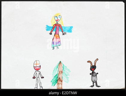 Per bambini disegno di Saint Nicholas seguita dall'Angelo e il diavolo e l'albero di Natale disegnato da una bambina di cinque anni. Foto Stock