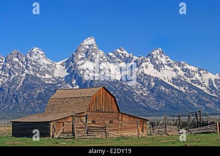 Stati Uniti Wyoming Grand Teton National Park fienile storico sulla fila di mormoni e il Teton Range con Grand Teton (4,199 Foto Stock