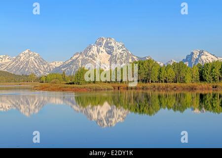 Stati Uniti Wyoming Grand Teton National Park il Fiume Snake e i Teton Range con il Monte Moran da lanca piegare Foto Stock