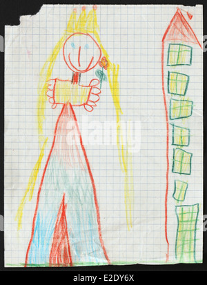 Bambino originale del disegno di una principessa accanto alla casa multipiano disegnato da una bambina di cinque anni. Foto Stock