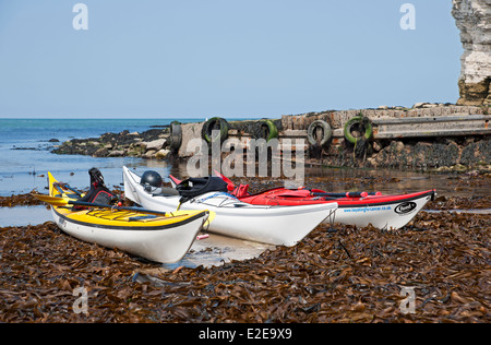 Kayak kayak barche in kayak sulla spiaggia nel Nord estate Landing Flamborough Head East Yorkshire Inghilterra Regno Unito GB Gran Bretagna Foto Stock