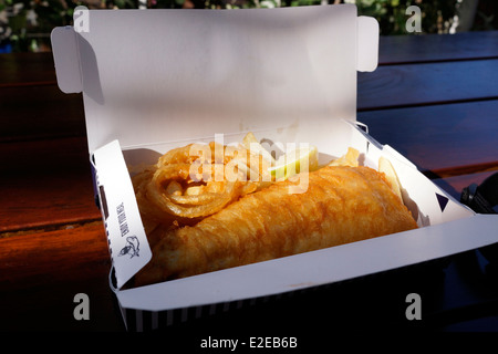 Pesce fritto e patatine con anelli di cipolla servita in un box . Foto Stock