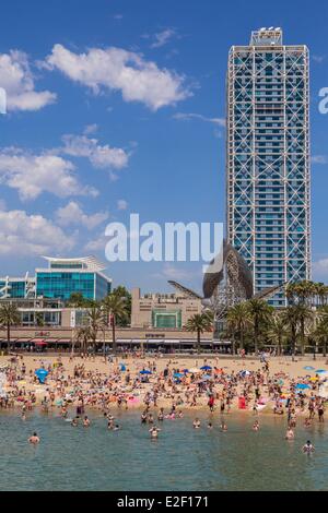 Spagna Catalogna Barcellona la spiaggia di Barceloneta in background o la Peix Ballena (balena) da Frank O. Gehry le torri di Foto Stock