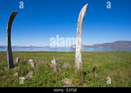 Russia, Chukotka Distretto autonomo, Yttygran Isola, osso di balena vicolo, resti di ossa mandibolari delle balene grigie o balene Bowhead Foto Stock