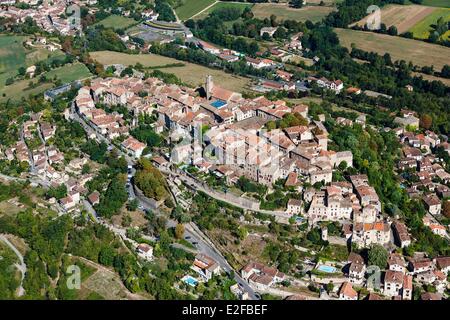 Francia, Tarn, Cordes sur Ciel, il borgo arroccato sul Puech de Mordagne (vista aerea) Foto Stock