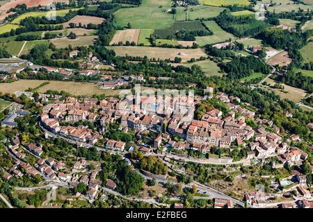 Francia, Tarn, Cordes sur Ciel, il borgo arroccato sul Puech de Mordagne (vista aerea) Foto Stock