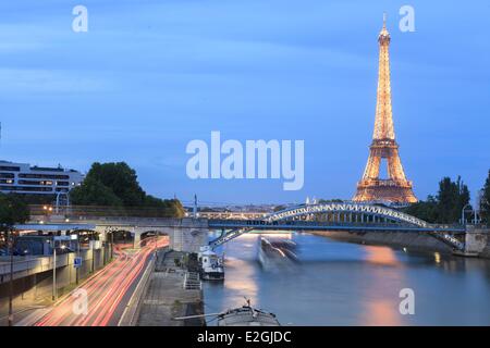 Francia Parigi illuminata Torre Eiffel (⌐ luminarie Pierre Bideau-SETE) RER ponte vicino all isola di cigni Senna e Georges Pompidou modo Foto Stock