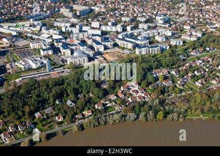 Francia Essonne Corbeil Essones Montconseil PNRU distretto di rinnovo urbano di progetto nel quadro dell'Agenzia nazionale per la ristrutturazione urbana o Anru Promogerim developer Belvedere e Senna (vista aerea) Foto Stock