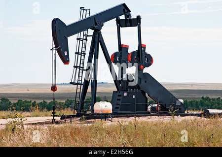 Pompa di lavoro jack tirando il petrolio greggio al di fuori di un pozzo petrolifero in Colorado, STATI UNITI D'AMERICA Foto Stock