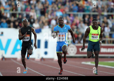 Justin Gatlin (centro) DA STATI UNITI D'AMERICA compete per vincere gli uomini 100m gara al Golden Spike meeting di atletica a Ostrava, Repubblica Ceca, Martedì, 17 giugno 2014. (CTK foto/Milano kammermayer) Foto Stock