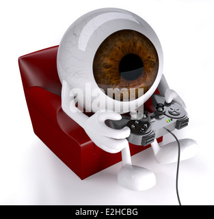 Eyeball sulla poltrona con le braccia, le gambe e il controller di gioco su mani che è in corso di riproduzione Foto Stock