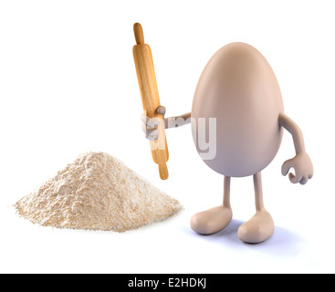 Uovo con le braccia, le gambe, il mattarello sulla mano e farina, 3d illustrazione Foto Stock