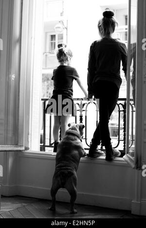 Sorelle guardando fuori la finestra con cane da compagnia, vista posteriore Foto Stock