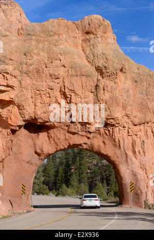 Car guida attraverso il tunnel sulla Scenic Highway 12 in rosso Canyon dello Utah. Foto Stock