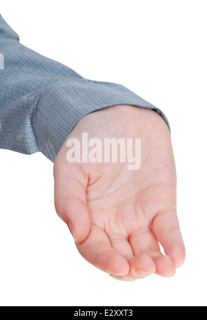Vista anteriore del palm a tazza mano gesto isolato su sfondo bianco Foto Stock