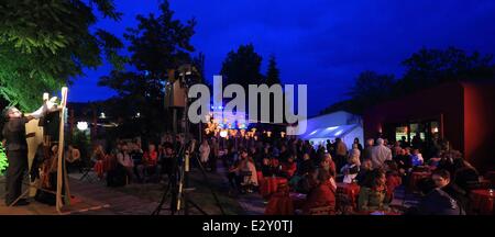 Magdeburg, Germania. Xx Giugno, 2014. Una vista del pubblico durante una performance al Teatro delle marionette festival 'La Notte' a Magdeburgo, Germania, 20 giugno 2014. Circa 34 Puppet Theatre di gruppi di undici nazioni partecipare al decimo international " La notte " festival che corre fino al 26 giugno 2014. Foto: Jens WOLF/dpa/Alamy Live News Foto Stock