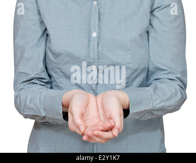 Vista frontale di due palme cavo - lato gesto isolato su sfondo bianco Foto Stock