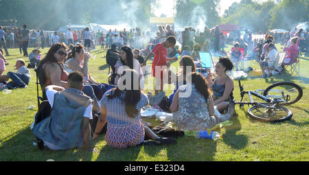 Sefton Park, Liverpool, Regno Unito. Il 21 giugno, 2014. I frequentatori del festival godendo il sole all'Africa Oye music festival di Sefton Park. Credito: Pak Hung Chan/Alamy Live News Foto Stock