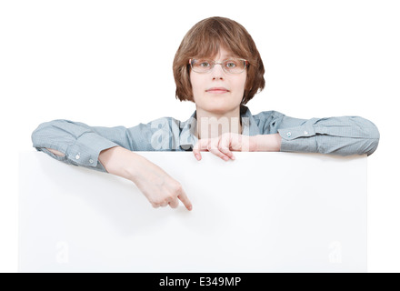 Donna punti sul tabellone vuoto isolato su sfondo bianco Foto Stock