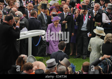 La Queens stima cavallo vince la Coppa d'Oro al Royal Ascot. È la prima volta in gara le 207 anni di storia che è stato vinto da un monarca regnante con: Queens Elizabeth II,Ryan Moore dove: Ascot, Regno Unito quando: 20 Giu 2013 Foto Stock