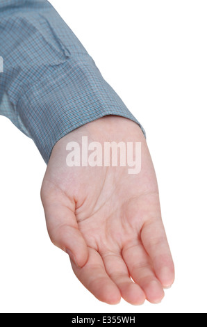 Vista precedente di Palm a tazza mano gesto isolato su sfondo bianco Foto Stock