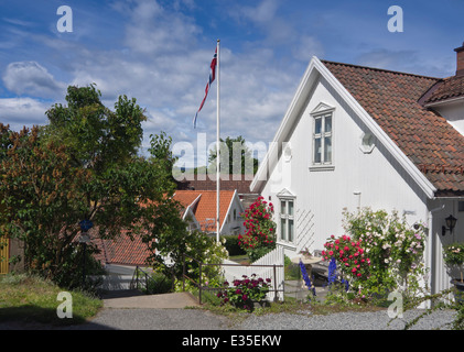 Idilliaco strette strade giardini di rose e di colore bianco con pannelli in legno case, Drobak Norvegia dal fiordo di Oslo Foto Stock