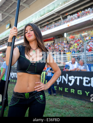 Monster Energy grid ragazza del Monster Energy Gran Premi de Catalunya pone a lato della pista Foto Stock