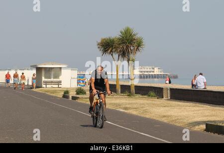 Come l'ondata di caldo continua attraverso il sud est del paese, alcuni membri del pubblico fanno la maggior parte del tempo buono visitando le città costiere di Littlehampton e Worthing, West Sussex Dove: Worthing, Regno Unito quando: 18 lug 201 Foto Stock