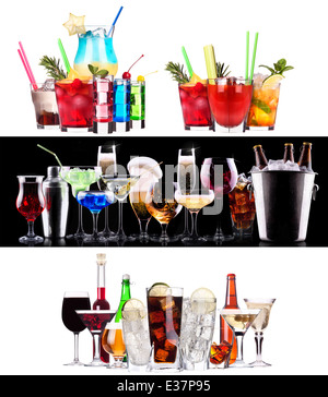 Insieme di diverse bevande alcoliche e cocktail - birra,martini,soda,champagne,whiskey,vino,cola,cocktail Foto Stock