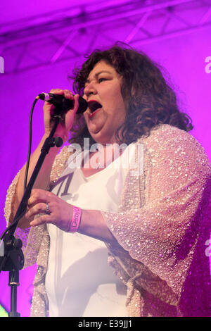 Cheryl Fergison e Marcus Collins eseguire con la East Midland Sinfonia Viva Orchestra presso il Darley Park concerto, uno del Regno Unito più grande all'aperto concerti di musica classica. Marcus Collins star come Jack e Cheryl Fergison star come Spirito del Bea Foto Stock