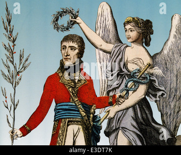 Napoleone Bonaparte (1769-1821) mostrata portare la pace come Primo console in un colorate a mano illustrazione nel 1802 Foto Stock