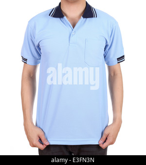 Blank blue Polo shirt (lato anteriore) sull uomo isolato su sfondo bianco Foto Stock