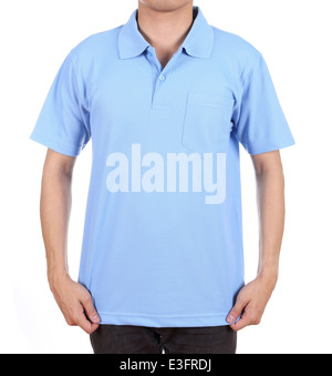 Blank blue Polo shirt (lato anteriore) sull uomo isolato su sfondo bianco Foto Stock