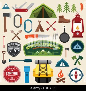 Set di attrezzature per il campeggio i simboli e le icone Illustrazione Vettoriale