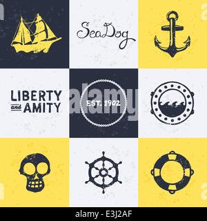 Sfondo con vintage retrò simboli nautici e le icone Illustrazione Vettoriale