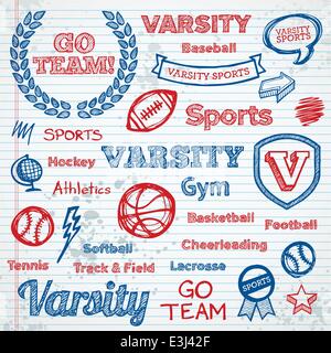 Set di disegnati a mano dello sport scolastico di caratteri di testo e icone Illustrazione Vettoriale